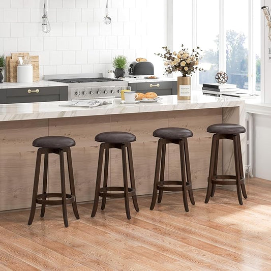 COSTWAY 29-Inch Swivel Bar Stools Set of 4, Upholstered Barstools w/PU Leather Seat & Solid Rubber Wood Legs, Mid-Century Backless Round Bar Height Stools w/Footrest for Kitchen Home Bar