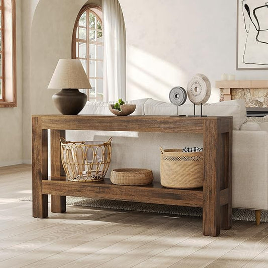 LITTLE TREE 63-Inch Wood Entryway Table, Long Farmhouse Narrow Console Table for Living Room, Hallway, Sofa, Entry, Entrance, Foyer, Behind Couch with 2-Tier Shelves, Brown