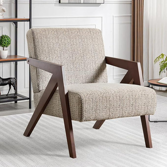 Bonzy Home Mid-Century Modern Accent Chair with Wood Frame, Upholstered Armchair for Bedroom & Living Room, Linen Fabric Cushion, Z-Shaped Armrest Design, Sturdy Lounge Chair,Brown
