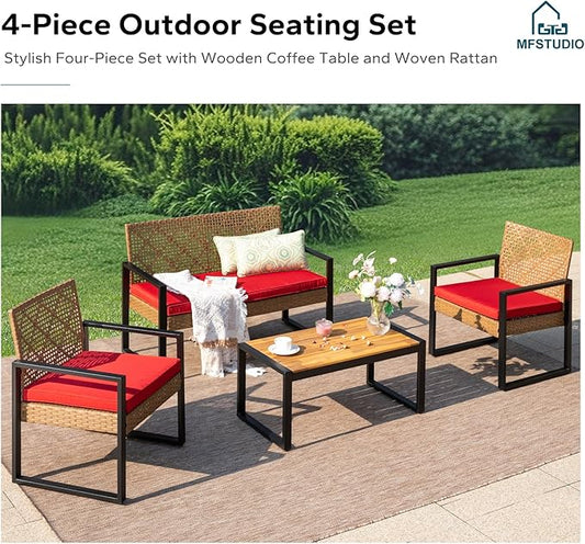 MFSTUDIO 4 Pieces Outdoor Patio Furniture Set, Outdoor Rattan Loveseat Furniture with Wood Table, Loveseat & Chairs, Small Patio Sectional Sofa Set for 4, Red