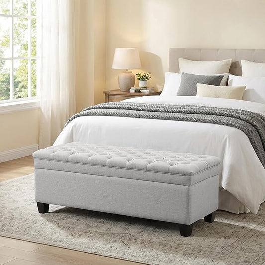 50" Storage Ottoman Bench, Rectangular End of Bed Storage Bench, Upholstered Large Fabric Tufted Ottoman with Storage for Living Room, Bedroom, Entryway,Light Gray