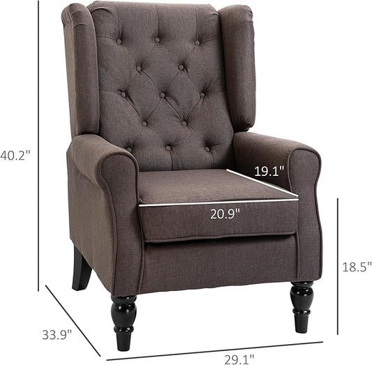 HOMCOM Mid-Century Modern Accent Chair, High Wingback Chair, Button-Tufted Upholstered Fabric Armchair with Retro Wood Legs for Living Room, Bedroom, Dark Brown