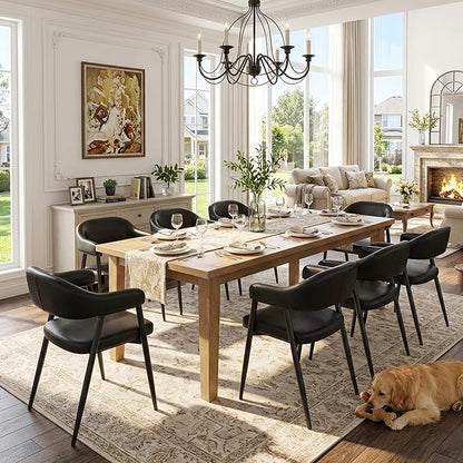HNY Modern Dining Room Arm Chairs Set of 2, Retro Faux Leather Upholstered Barrel Dining Chairs with Arms Mid-Century Black Accent Chair with Metal Legs, Open-Back Kitchen Side Chair for Living Room