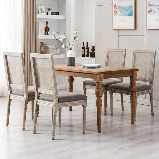 PU Leather Dining Chairs Mid Century Kitchen Chairs Set of 4 Upholstered Parsons Chairs Accent Side Chair with Rattan Back for Living Room Dining Room Bedroom, Grey