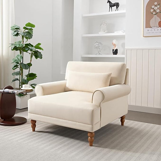 Merax Accent Chair with Circular Armrests, Upholstered Armchair Single Sofa with Vintage Roman Column Legs for Living Room, Bedroom, Study, Ergonomic Lumbar, Velvet, Beige