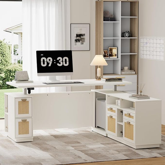 71" L Shaped Executive Desk with File Cabinet, Electric Adjustable Height Standing Desk for Home and Office, Furniture Sets with Multiple Functions, AC/USB, 1.18" Desktop, White Rattan