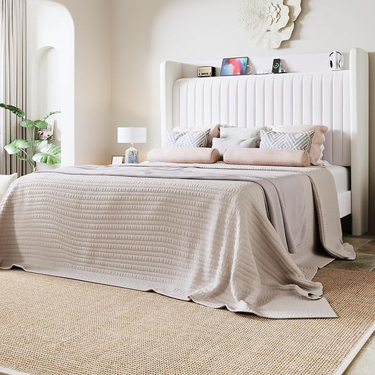 Allewie Full Size Platform Bed Frame with USB Charging Station and Storage Shelf/Upholstered Velvet Wingback Headboard/Wooden Slats Support/No Box Spring Needed/Easy Assembly, White