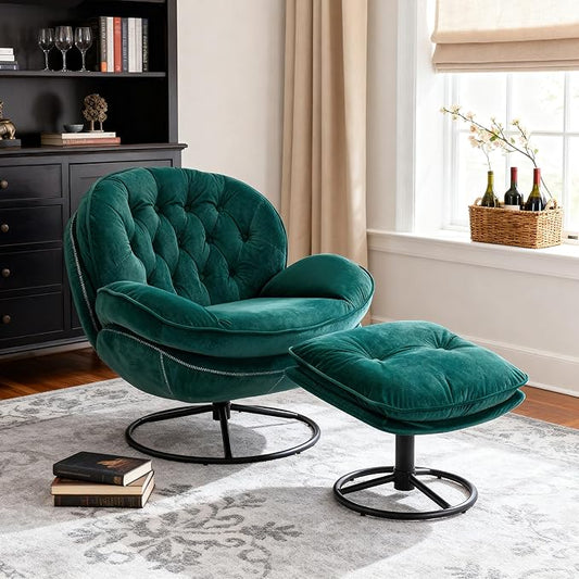 360° Swivel Modern Velvet Accent Chair with Ottoman | Mid-Century Button Tufted Lounge Chair for Living Room & Bedroom, Green