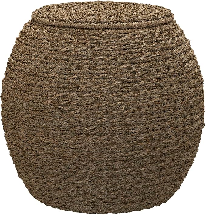Household Essentials Handwoven Seagrass Barrel Wicker Storage Basket Side Table, Natural