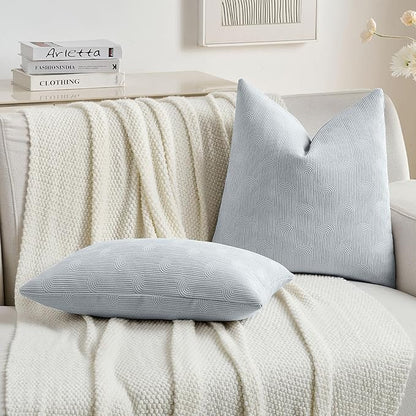 FUTEI Light Blue Chenille Decorative Throw Pillow Covers 18x18 Inch Set of 2,Soft Cozy Striped Geometric Patterns Cushion Cases,Modern Home Decor for Couch Bed Living Room