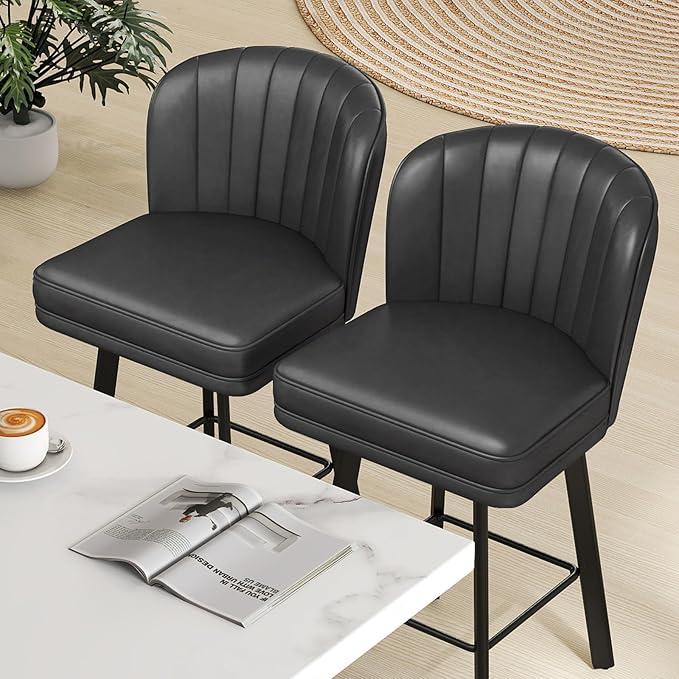 Swivel Counter Height Bar Stools Set of 2, 30'' Modern Barstools with Backs and Metal Legs, Upholstered Bar Chairs, Faux Leather Black Stools for Kitchen Island Chairs