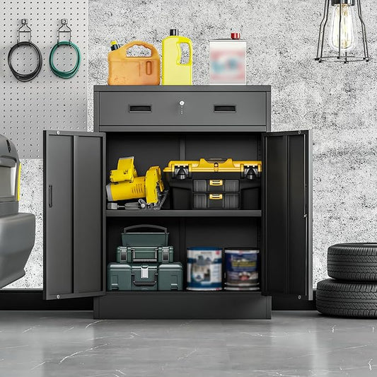 Metal Storage Cabinet, 36 Inch Tall Metal Storage Cabinet with Doors and Shelves, Pantry Cabinets with Drawer for Kitchen Storage, Garage Cabinet for Living, Dining Room, Assemble Required.