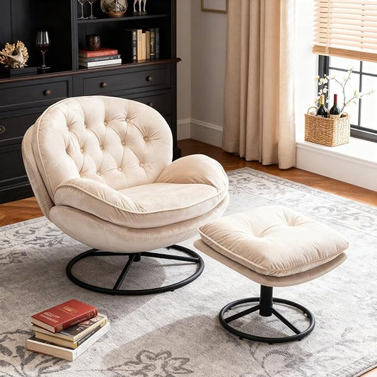 360° Swivel Modern Velvet Accent Chair with Ottoman | Mid-Century Button Tufted Lounge Chair for Living Room & Bedroom, Beige