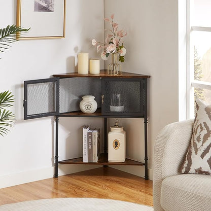 VECELO 3 Tier Corner Shelf,Corner Table with Mesh Door and Open-Shelf,Corner Cabinet Stand,Metal Frame Organizer Display Storage Shelves for Bedroom,Living Room,Kitchen,Bathroom
