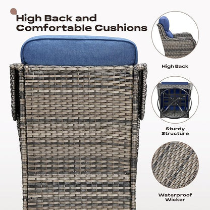 Rilyson 6 Piece Outdoor Patio Swivel Rocker Chairs, Waterproof Wicker, High Back, Deep Seating, Wide Armrest, Upgraded 6 inch Thick Cushions, Side Table, Ideal for Deck Porch Yard, Mixed Grey/Blue