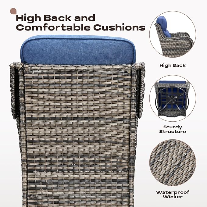Rilyson 4 Piece Outdoor Patio Swivel Rocker Chairs, Waterproof Wicker, High Back, Deep Seating, Wide Armrest, Upgraded 6 inch Thick Cushions, Ideal for Deck Porch Backyard, Mixed Grey/Blue
