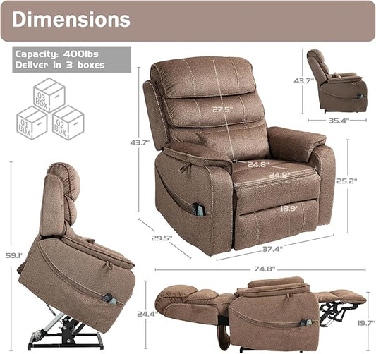 Power Lift Recliner Chair for Adults Elderly Lay Flat Velvet Recliners with Massage Heating, Extended Footrest, Wireless Charging Device, USB Ports, Cup Holder, Lumbar Pillow