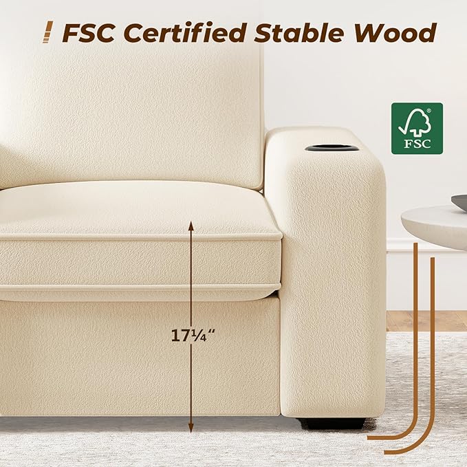 Furnimart 58" Wide Plush Loveseat, 2-Seater Sofa with Dual-Port USB Charger & Cup Holders, Terry Fabric, Modern Accent Couch for Small Spaces, Apartment, Living Room(Terry-Beige)