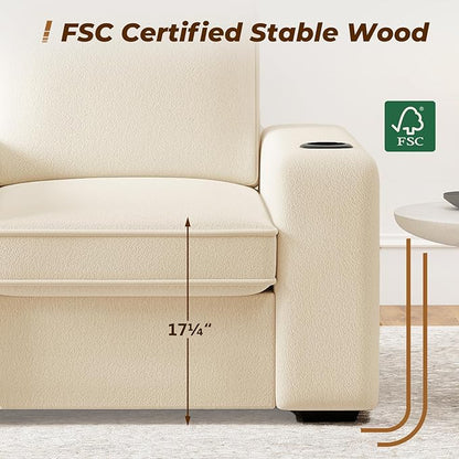 Furnimart 3-Seater Living Room Set Teddy Fabric, 58" Wide Loveseat & Accent Chair with USB Chargers, Cup Holders & High-Density Foam, Modern Sofa & Armchair Set for Apartment, Living Room(2 Colors)