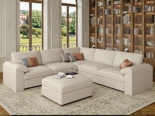 EASE MOOSE Oversized Corner Modular Sectional Sofa with Ottoman, Faux Leather Sectional Sofa with Deep Seat, Scratch Resistant Faux Leather Material, Extra Large L Shaped Couch,Beige