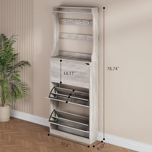 Shoe Storage Cabinet, Wood Shoe Organizer for Entryway with 3 Flip Drawers, Freestanding Shoe Rack with Adjustable Shelf, Narrow Shoe Dresser for Front Door Entrance(Grey, 78.74" x 31.5" x 9.37")