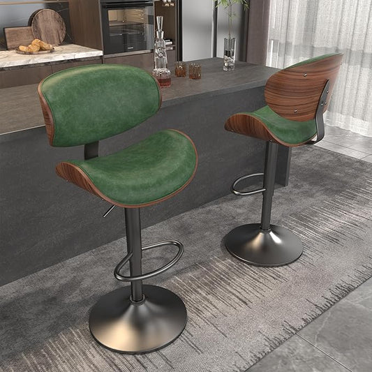 Bar Stools, Bar Stools for Kitchen Island with Bentwood Back and Leather Seat, Swivel Bar Stools for Kitchen Counter, Bar, Green, Set of 1, NX_NIL1