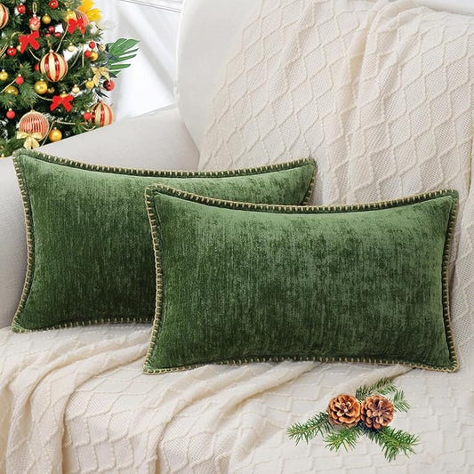 decorUhome Christmas Chenille Soft Throw Pillow Covers 12x20 Set of 2, Lumbar Velvet Farmhouse Neutral Decorative Euro Fall Pillow Covers with Stitched Edge for Couch Sofa Bed Home Decor, Forest Elf