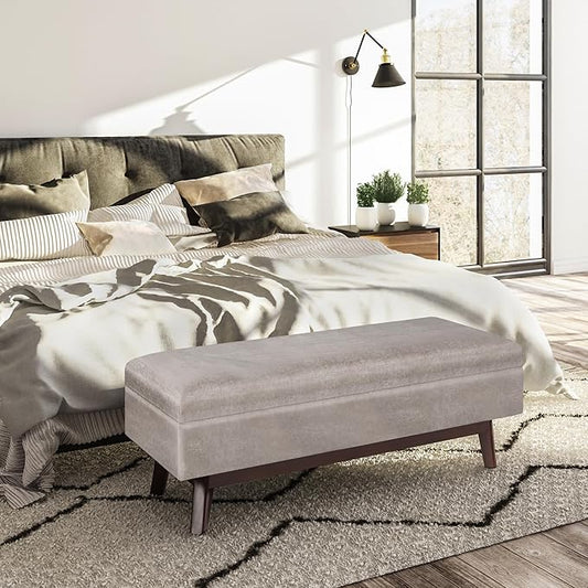 SIMPLIHOME Owen 48 inch Wide Mid Century Modern Rectangle Rectangular Storage Ottoman in Distressed Grey Taupe Vegan Faux Leather, Assembled, for the Living Room, Entryway and Family Room