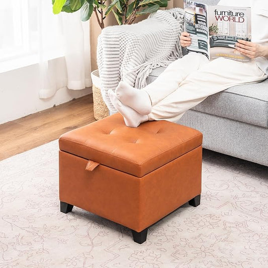 Asense 17 Inch Storage Ottoman Foot Rest,Square Faux Leather Foot Stool,Small Ottoman with Storage,Padded Seat for Entryway,Living Room,Bedroom,Couch,Under Desk,Brown