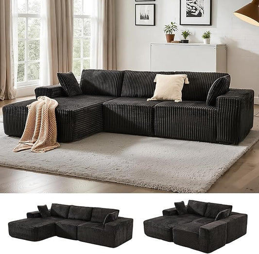 Apicizon 113" Sectional Sofa Couch for Living Room, 3 Seat Boneless Sofa with Chaise Longue, L-Shape Modular Sectional Couches with Deep Seat for Apartment，No Assembly Required (Stripe Corduroy Black)