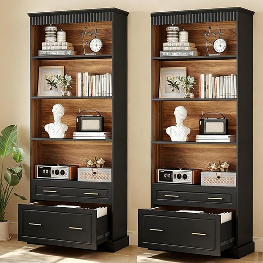 LITTLE TREE 72" Tall Black Bookcase, 5-Tier Office Bookself with File Cabinet Drawers,Modern Floor Standing Storage Filing Cabinet Book Shelf for Living Room,Bedroom(2 Piece,Black)