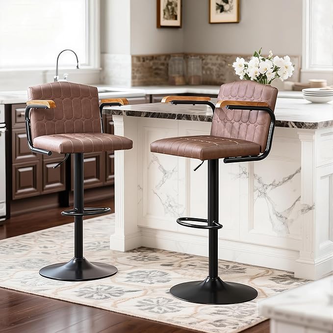VECELO Bar Stools Set of 2, Adjustable Upholstered Swivel Barstools, Modern Counter Height Bar Stools with Back and Footrest, Island Chairs for Kitchen, Dining Room, Bar