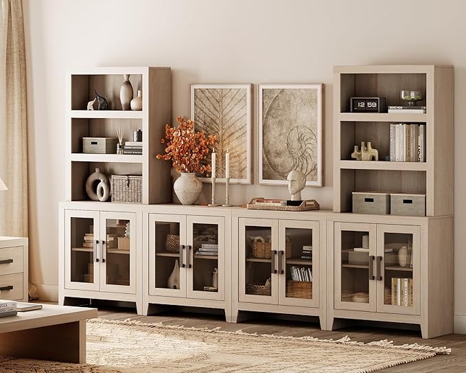 WAMPAT Farmhouse Entertainment Center with Bookshelves, 4-Piece Modular TV Stand with Storage Towers, Glass Doors, Open Shelves, Media Console for Living Room, Home Theater, Beige