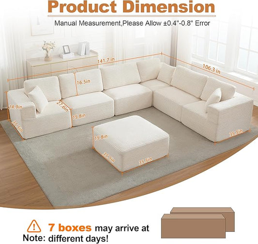 L-Shape Cloud Modular Sectional Sofa Couch,Modern Boneless Sectional Couch with Deep Seat,Upholstered Couches for Living Room Bedroom,No Assembly Required,Beige