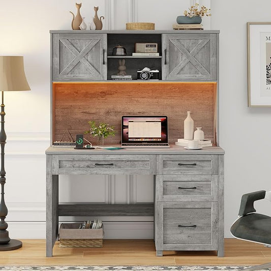 Farmhouse 67" H Executive Desk with Hutch,Office Desk with 4 Drawers and LED light, Wood Workstation for Home Office and Study, Computer Desk with Storage Cabinet,File Drawers, Charging Station.Gray