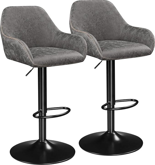 Yaheetech Bar Stools Set of 2, PU Leather Swivel Counter Height Barstools, Adjustable Bar Chairs with Backrest and Footrest, Kitchen Island Stool for Home Kitchen, Grey