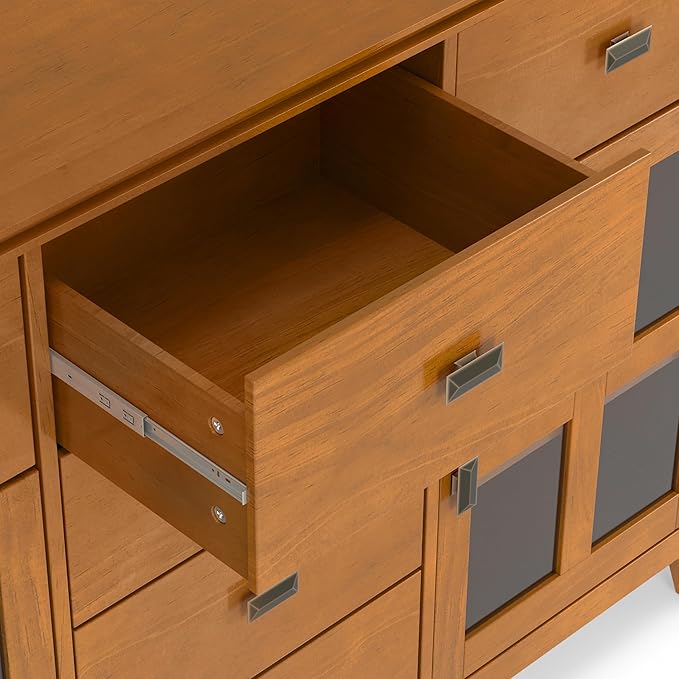 SIMPLIHOME Artisan Buffet - 54 inch Wide Solid Wood 3-Door Sideboard Buffet in Honey Brown, Transitional Storage Cabinet for Dining Room or Kitchen with Adjustable Shelves and Bronze Hardware