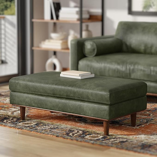 SIMPLIHOME Morrison 49 inch Wide Large Rectangular Ottoman in Moss Green Genuine Leather, Multifunctional Footrest, Coffee Table, and Extra Seating for Living Room, Mid-Century Modern Style