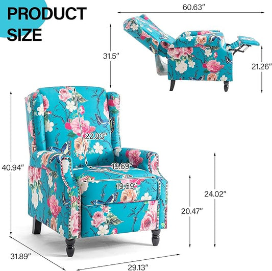 Recliner Chair, Upholstered Wingback Floral Pushback Armchair with Adjustable Backrest & Footrest, Comfy Accent Chair Reading Single Sofa for Small Spaces, Living Room, Bedroom (Peacock, Set of 1)
