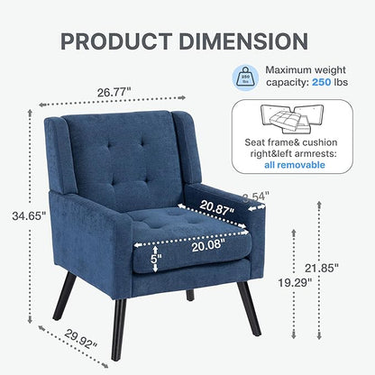 Mid-Century Modern Accent Chair, Plush Linen Fabric with Button Tufted High Back & 5" Thick Cushion, High Comfort Reading Chair for Living Room, Bedroom, Office (Blue)