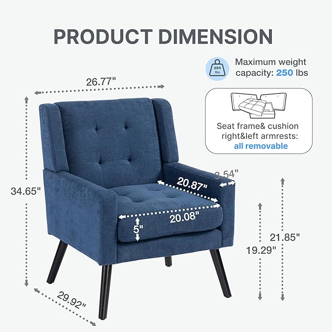 Mid-Century Modern Accent Chair Set of 2, Plush Linen Fabric with Button Tufted High Back & 5" Thick Cushion, High Comfort Reading Chair for Living Room, Bedroom, Office (Blue)