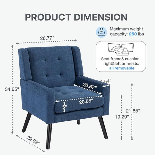 Mid-Century Modern Accent Chair Set of 2, Plush Linen Fabric with Button Tufted High Back & 5" Thick Cushion, High Comfort Reading Chair for Living Room, Bedroom, Office (Blue)