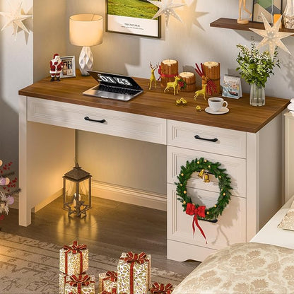 Vabches Farmhouse Executive Desk with Storage and Ample File Drawer, Rustic Large Home Writing Desk for Bedroom, White