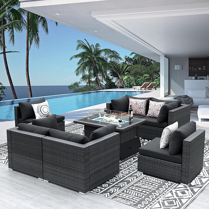 NICESOUL 7 Piece Outdoor Patio Sectional Furniture Set with Fire Pit Table Natural Gas/Propane, 29.3'' High Back Extra Large Size PE Rattan Sofa Conversation for Outside, Wide Deep Seat Couches, Gray