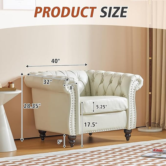 Living Room Chair, Modern Leather Chesterfield Sofa Chair, Mid Century Single Sofa Couch Chair with Tufted Back and Rolled Arms, Accent Sofa Chair for Living Room Apartment, White