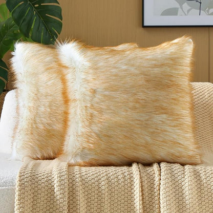 FUTEI Brown White Decorative Throw Pillow Covers 26x26 Inch Set of 2,Soft Fluffy Faux Fox Fur Textured Euro Pillow Shams,Modern Home Decor for Couch Living Room