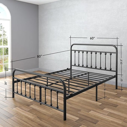 Golden Gate Beds Vintage Style Metal Bed Frame with Wrought Iron Headboard and Footboard, Classic Platform Bedframe with Storage, No Box Spring Needed, Mattress Foundation, Black, Queen Size