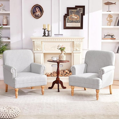 HUIMO Linen Fabric Accent Chairs Set of 2, Mid-Century Modern Armchair with Solid Wood Legs, Single Sofa Chair,Upholstered Reading Club Chair (2, Light Grey and White Stripe)