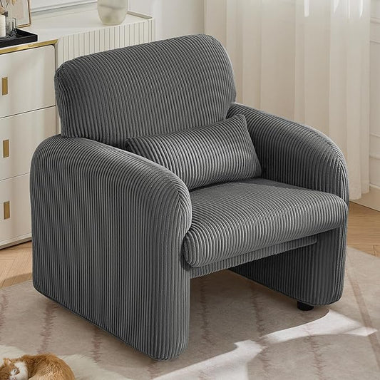 Corduroy Fabric Accent Chair, Modern Upholstered Living Room Chairs with Lumbar Pillow, Wide Comfy Leisure Armchair for Bedroom, Office, Reading, Grey