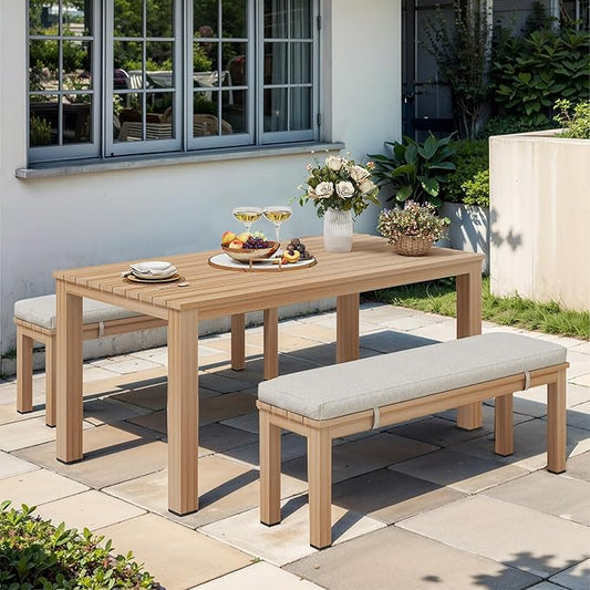 Wisteria Lane Aluminum Patio Dining Sets, 3 Pieces Patio Table Set, Outdoor Dining Table with 2 Bench, Outdoor Patio Dining Furniture Set with Removable Cushion for Lawn, Garden, Backyard, Brown